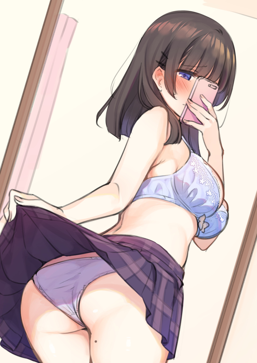 ass bra cleavage mankai_kaika pantsu seifuku selfie skirt_lift