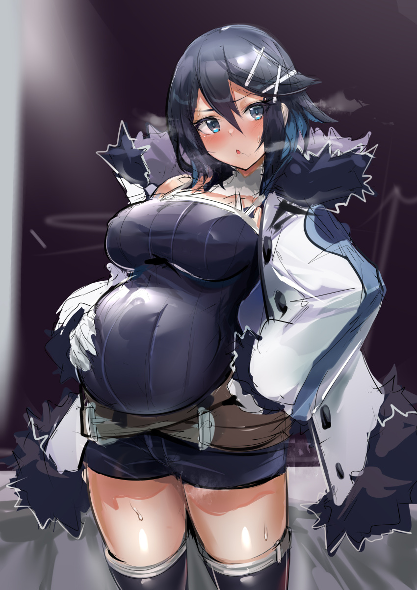 1girl absurdres asagiri_asagi bangs belt big_belly black_hair black_legwear black_shorts blue_eyes blush breasts coat cowboy_shot disgaea fur-trimmed_coat fur-trimmed_sleeves fur_trim gradient gradient_background hair_between_eyes hair_ornament hairclip hand_on_hip hand_on_own_stomach highres large_breasts long_sleeves looking_at_viewer makai_senki_disgaea open_clothes open_coat pregnant purple_background qianshui_baodan short_hair short_shorts shorts solo steaming_body sweat thighhighs white_coat x_hair_ornament