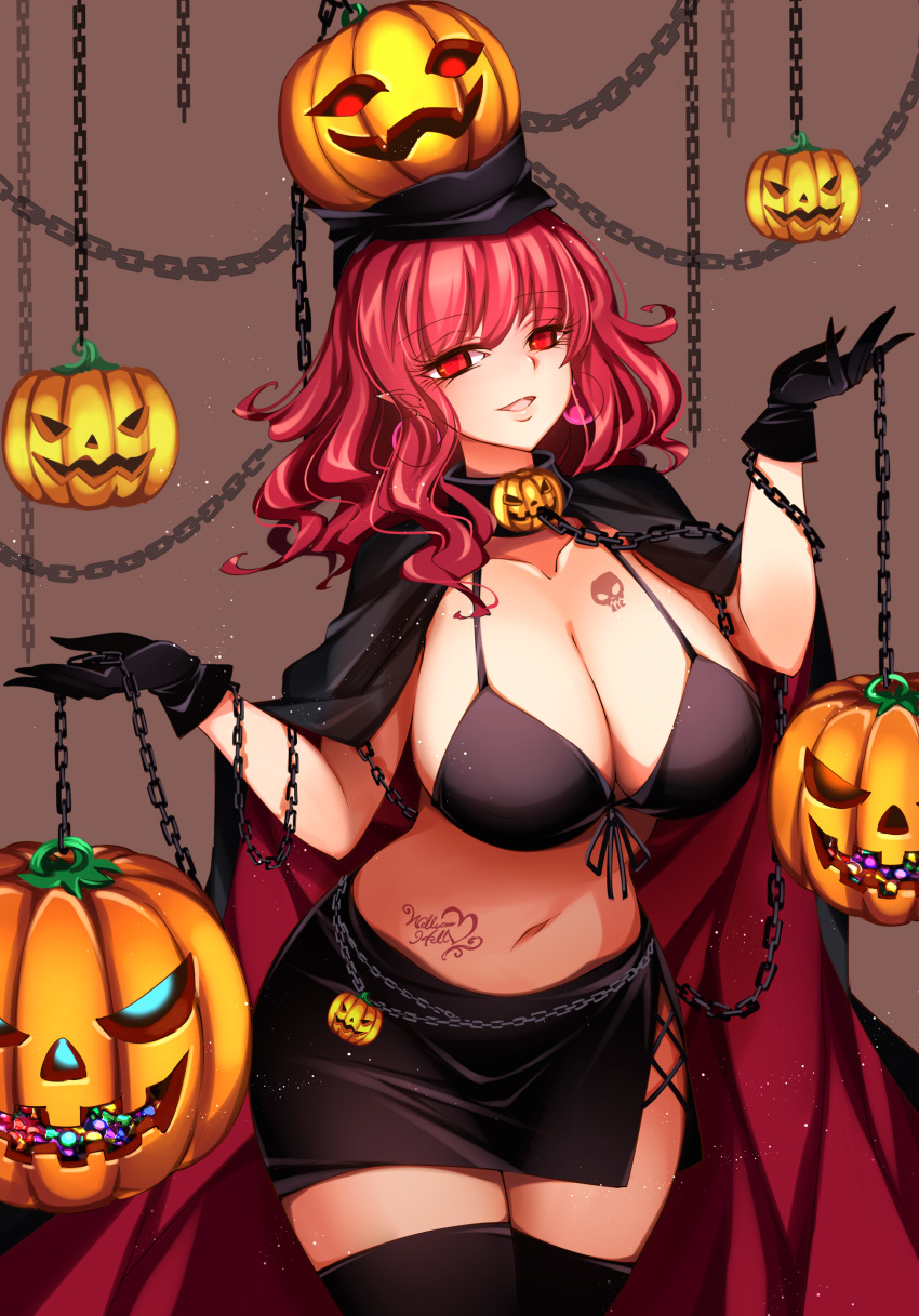 1girl absurdres bikini bikini_top body_writing breast_tattoo breasts brown_background candy cape chain cleavage collarbone commentary_request earrings eyebrows_visible_through_hair food front-tie_bikini front-tie_top gloves halloween hecatia_lapislazuli highres huge_breasts jack-o'-lantern jewelry looking_at_viewer navel open_mouth pointy_ears pumpkin raptor7 red_eyes red_hair skull_tattoo smile solo swimsuit tattoo thighhighs thighs touhou wavy_hair