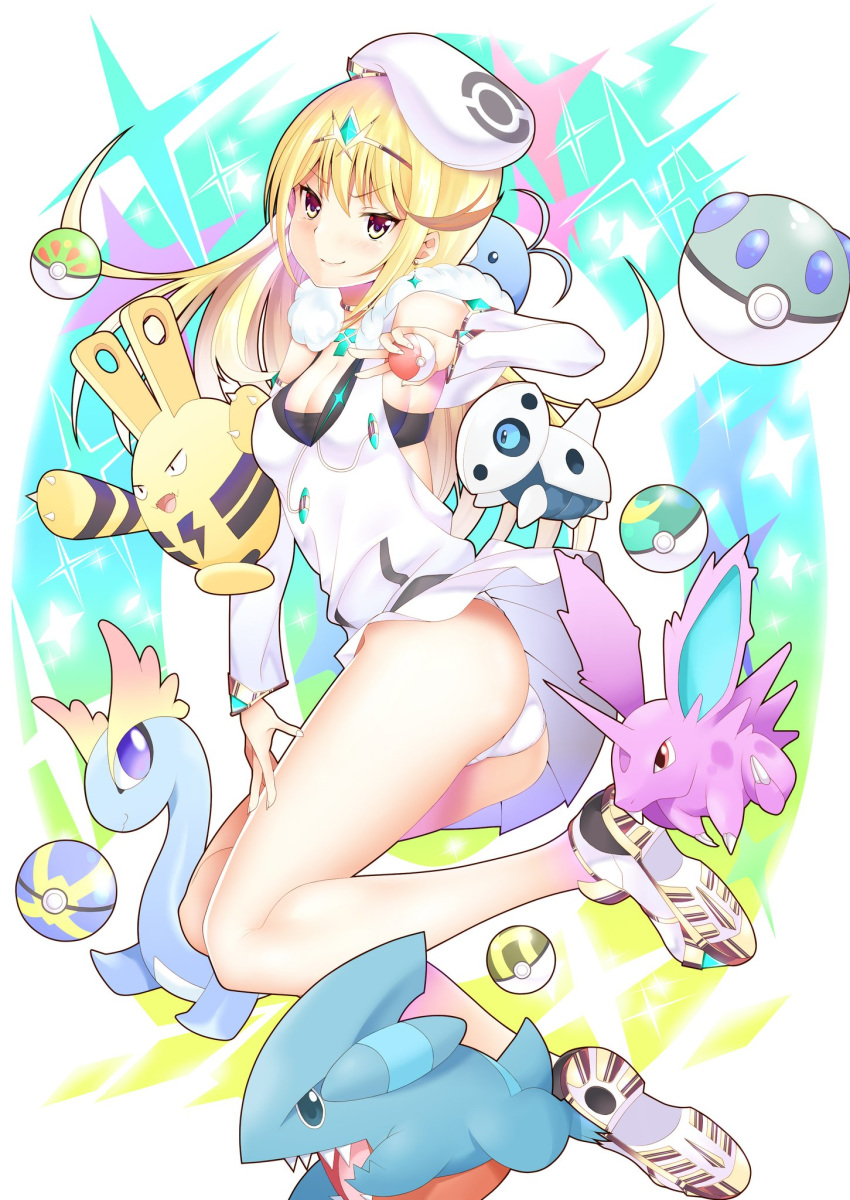 1girl aaron_(pokemon) amaura ass bangs beret blonde_hair breasts cleavage daive detached_sleeves elekid friend_ball full_body gen_1_pokemon gen_2_pokemon gen_4_pokemon gen_6_pokemon gible hat heavy_ball highres jersey jumping legs long_hair looking_at_viewer medium_breasts miniskirt moon_ball mythra_(xenoblade) nidoran nidoran_(male) panties pantyshot poke_ball poke_ball_(basic) pokemon pokemon_(creature) quick_ball skirt smile sports_bra swept_bangs tiara ultra_ball underwear upskirt very_long_hair white_background white_headwear white_panties white_skirt xenoblade_chronicles_(series) xenoblade_chronicles_2