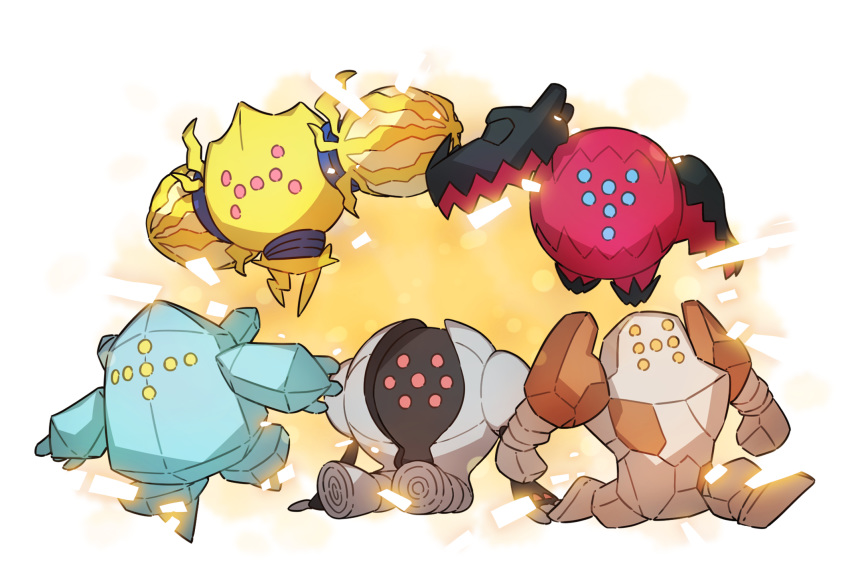 blue_eyes commentary_request gen_3_pokemon gen_8_pokemon highres legendary_pokemon legs_apart no_humans outstretched_arms pink_eyes pokemon pokemon_(creature) regice regidrago regieleki regirock registeel sitting taisa_(lovemokunae) yellow_eyes