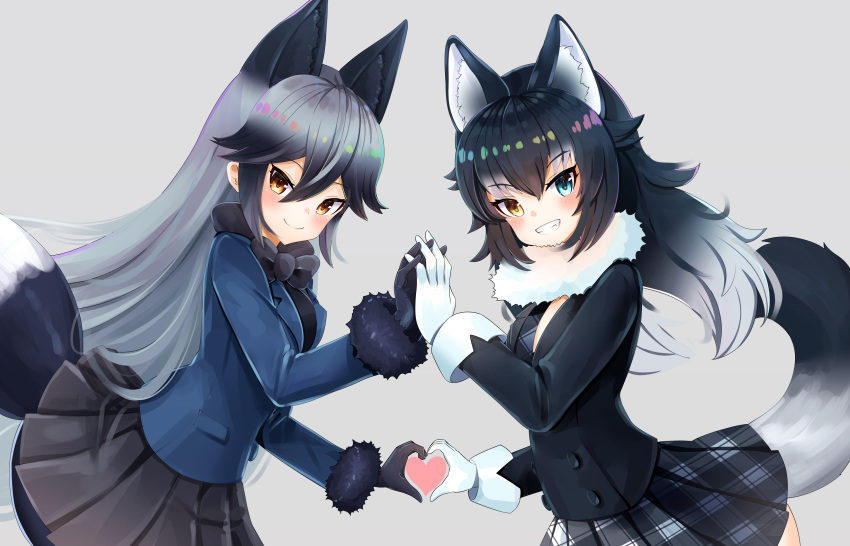 2girls absurdres animal_ear_fluff animal_ears black_gloves black_hair blue_eyes blue_jacket blush breasts dragon_star2 extra_ears fox_ears fox_tail fur-trimmed_sleeves fur_collar fur_trim gloves grey_wolf_(kemono_friends) hand_to_hand heart heart_hands heterochromia highres jacket kemono_friends medium_breasts multicolored_hair multiple_girls plaid_neckwear silver_fox_(kemono_friends) silver_hair tail two-tone_hair white_gloves white_hair wolf_ears wolf_girl wolf_tail yellow_eyes