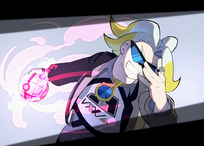 1boy absurdres adjusting_eyewear black-framed_eyewear blue-tinted_eyewear brown_jacket clenched_teeth collared_shirt commentary_request dynamax_ball gordie_(pokemon) gym_leader highres holding holding_poke_ball jacket jewelry male_focus mira_(miramita8727) multicolored_hair necklace poke_ball pokemon pokemon_(game) pokemon_swsh ring shirt shorts solo sunglasses teeth two-tone_hair