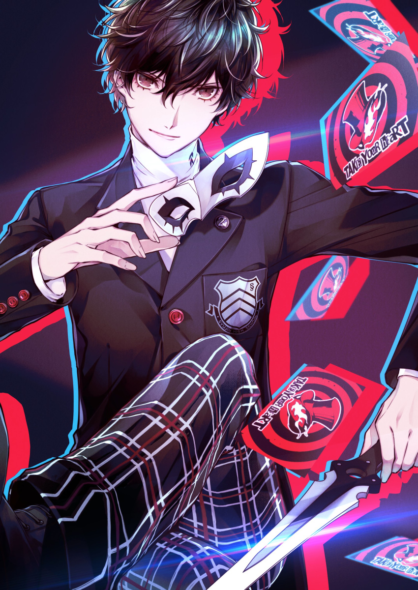 1boy absurdres amamiya_ren bangs black_background black_eyes black_footwear black_hair black_jacket blazer card closed_mouth crossed_legs dagger feet_out_of_frame hair_between_eyes highres holding holding_dagger holding_mask holding_weapon jacket long_sleeves looking_at_viewer male_focus mask pants persona persona_5 plaid plaid_pants school_uniform shirt short_hair shuujin_academy_uniform silhouette simple_background smile solo uniform weapon white_shirt yuu_(isis7796)