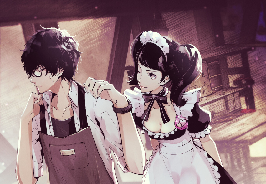 1boy 1girl absurdres amamiya_ren apron arms_behind_back bangs black_eyes black_hair black_neckwear black_shirt blunt_bangs bow bowtie breasts cleavage closed_eyes closed_mouth collarbone cowboy_shot desk desk_lamp frills glasses hands_up highres indoors juliet_sleeves kawakami_sadayo lamp long_sleeves looking_at_another maid maid_apron maid_headdress medium_breasts medium_hair one_eye_closed persona persona_5 pin puffy_sleeves shirt short_hair short_sleeves sleeves_rolled_up smile standing sweatdrop twintails upper_body watch white_shirt wristwatch yuu_(isis7796)