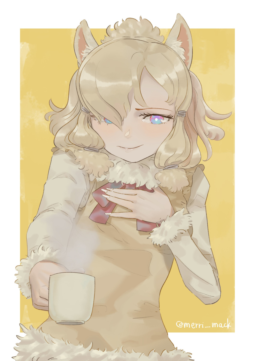 1girl absurdres alpaca_ears alpaca_suri_(kemono_friends) animal_ears blonde_hair blue_eyes border bow bowtie bright_pupils brown_vest closed_mouth cup fingernails fur-trimmed_shirt fur-trimmed_vest fur_trim grey_shirt hair_ornament hair_over_one_eye hairclip hand_on_own_chest highres holding holding_cup incoming_drink kemono_friends long_fingernails looking_at_viewer medium_hair merri_mack multicolored multicolored_eyes nail_polish offering pink_eyes red_neckwear shirt simple_background smile solo steam teacup twitter_username upper_body vest white_border white_nails white_pupils yellow_background