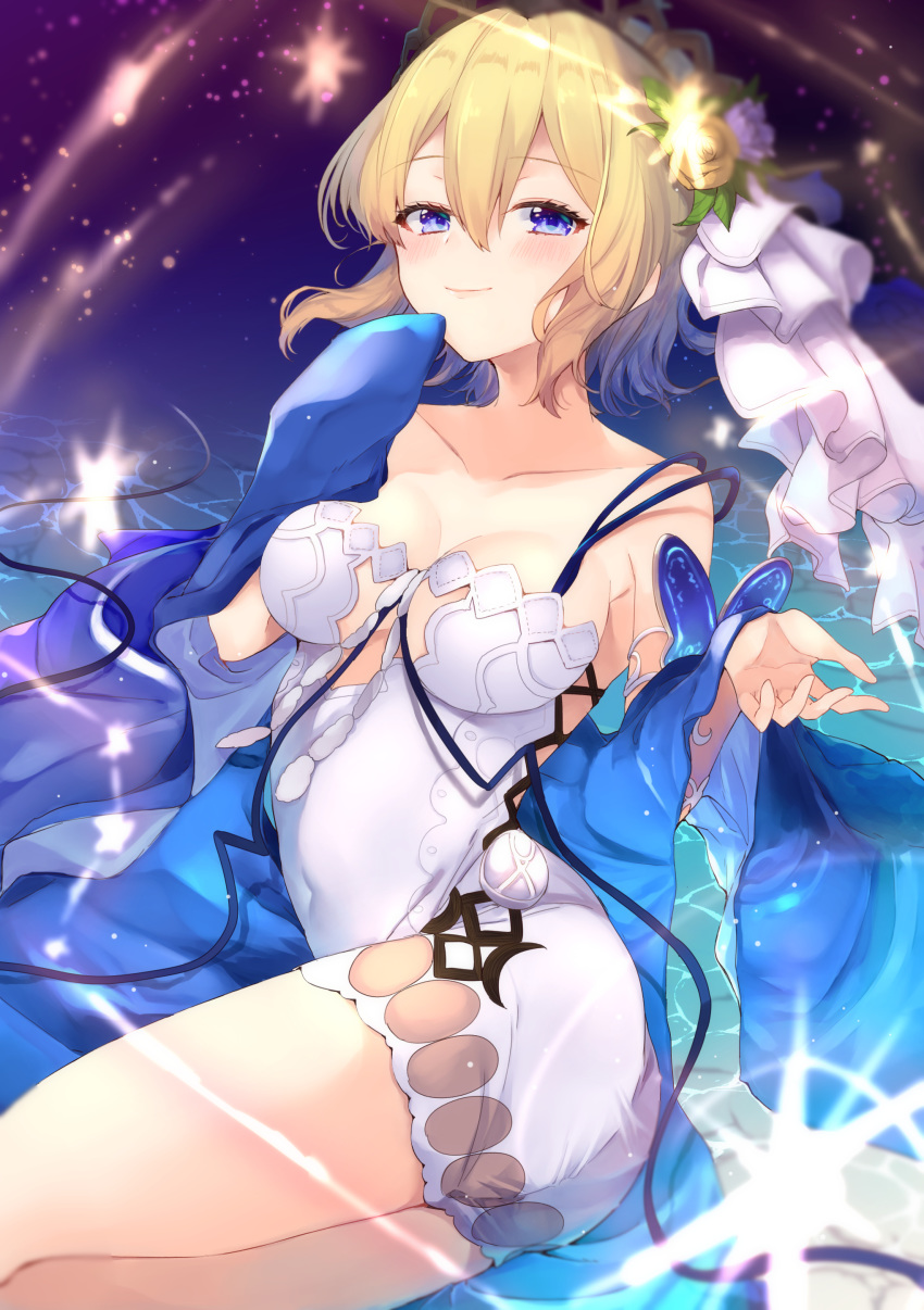 1girl 40_(0f0urw) absurdres armlet bangs blonde_hair blue_eyes blue_ribbon blush breasts cleavage closed_mouth collarbone cowboy_shot diadem dress europa_(granblue_fantasy) eyebrows_visible_through_hair floating_hair flower granblue_fantasy hair_between_eyes hair_flower hair_ornament half-closed_eyes highres lying medium_breasts on_side orange_flower orange_rose ribbon rose shiny shiny_hair short_dress short_hair sleeveless sleeveless_dress smile solo sparkle strapless strapless_dress water_surface white_dress