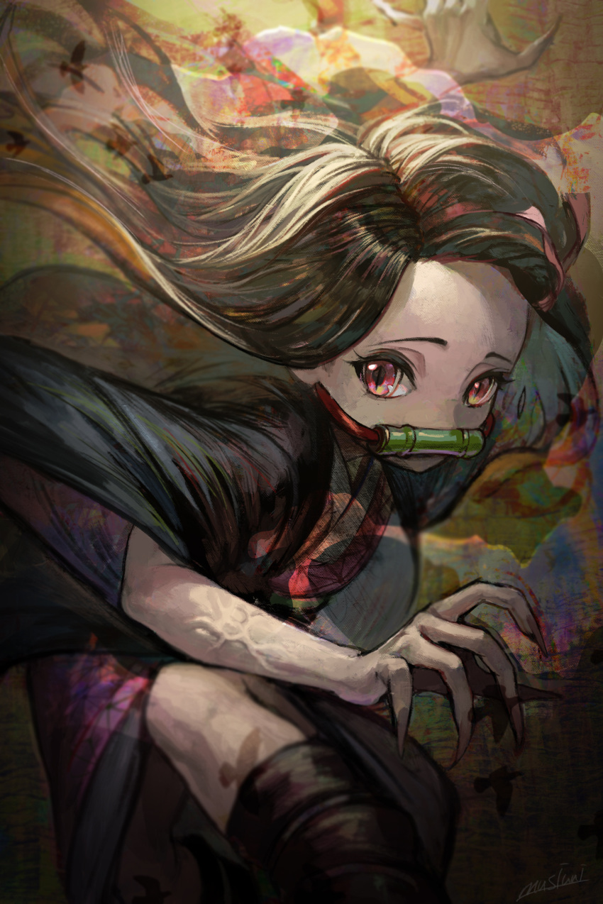 1girl arm_up bit_gag black_hair fingernails floating_hair gag haori highres japanese_clothes kamado_nezuko kimetsu_no_yaiba kimono long_hair looking_at_viewer matcho pink_eyes pink_kimono print_kimono sharp_fingernails slit_pupils solo very_long_hair