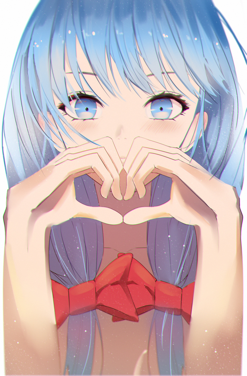 1girl alternate_hairstyle blue_eyes blue_hair bow chinese_commentary close-up hair_bow hatsune_miku heart heart_hands highres jijing_zishui light_blush looking_at_viewer red_bow solo vocaloid