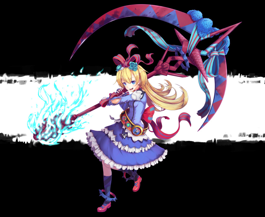 1girl :d anklet belt blonde_hair blue_dress blue_eyes blue_fire bow commentary_request dress eyebrows_visible_through_hair fire flower fredrica_(kokubyaku_no_avesta) frilled_dress frills full_body hair_bow hair_flower hair_ornament heart heart-shaped_pupils highres huge_weapon jewelry kokubyaku_no_avesta long_hair looking_at_viewer mary_janes okina_(805197) open_mouth ribbon scythe shinza_bansho_series shoes smile solo spiked_anklet symbol-shaped_pupils two-tone_background waist_bow weapon wrist_bow