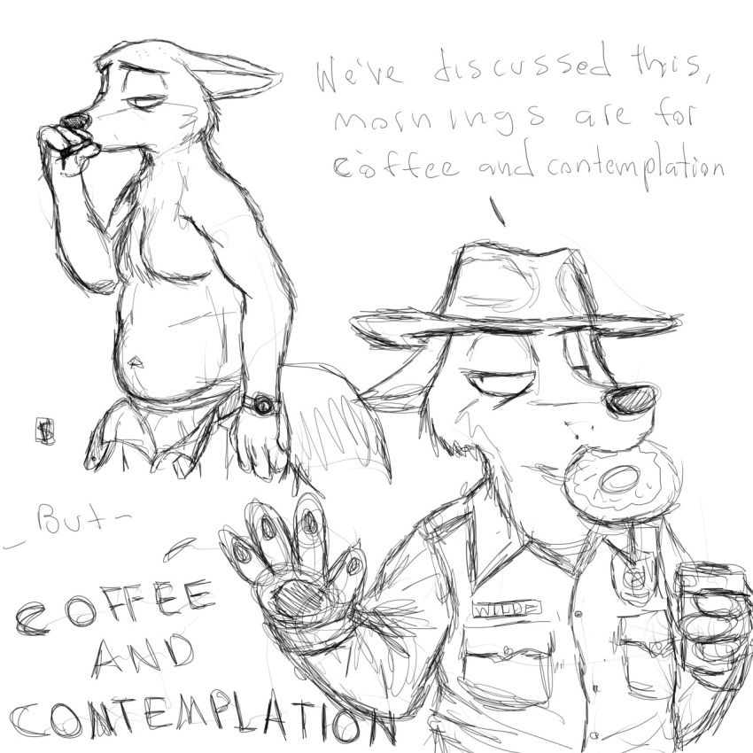 1:1 anthro badge beverage bottomwear canid canine cigarette clock clothed clothing coffee dessert disney doughnut english_text food fox half-closed_eyes hat headgear headwear hi_res king male mammal monochrome narrowed_eyes navel nick_wilde open_belt open_bottomwear open_clothing open_pants pants police_uniform royalty savagelyrandom sketch sketch_page slightly_chubby smoking solo text underwear undone_belt uniform watch wristwatch zootopia