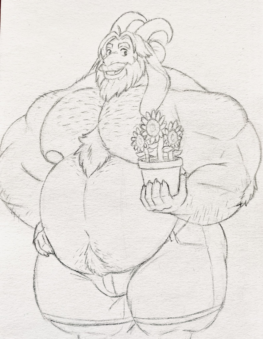 2020 anthro asgore_dreemurr beard belly big_arms big_belly big_muscles black_and_white body_hair bottomwear bovid bulge caprine chest_fur claws clothed clothing eon54 eyebrows facial_hair floppy_ears flower flower_pot goat hairy happy_trail hi_res holding_object horn looking_aside male mammal mature_male monochrome musclegut muscular mustache navel pecs plant portrait pubes raised_eyebrows shorts sketch slightly_chubby smile solo sunflower thick_thighs three-quarter_portrait tight_clothing topless undertale video_games wide_hips