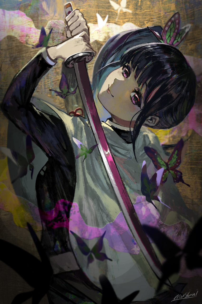 1girl black_hair black_jacket bug butterfly butterfly_hair_ornament cape closed_mouth from_behind hair_ornament head_tilt highres holding holding_sword holding_weapon insect jacket kimetsu_no_yaiba long_hair long_sleeves matcho purple_eyes shiny shiny_hair side_ponytail signature smile solo sword tsuyuri_kanao upper_body weapon white_cape