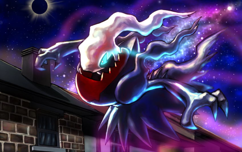 blue_eyes building chimney commentary_request darkrai eclipse full_body gen_4_pokemon glowing glowing_eyes kaosu_(kaosu0905) mythical_pokemon night no_humans outdoors outstretched_arms pokemon pokemon_(creature) sky solo star_(sky) window