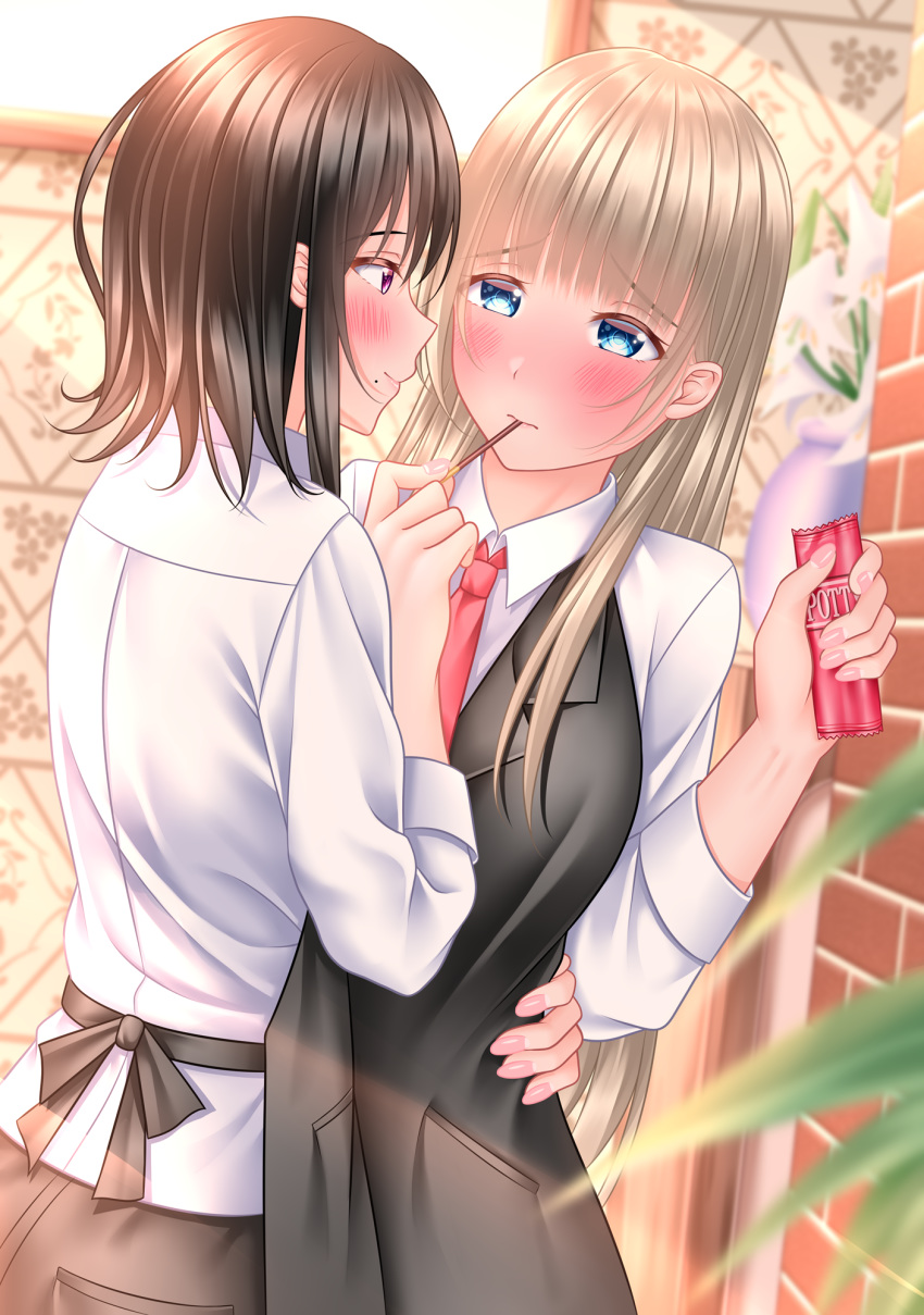 2girls apron bangs black_apron blonde_hair blue_eyes blunt_bangs blurry blush brick_wall brown_hair depth_of_field dress_shirt eye_contact eyebrows_visible_through_hair feeding fingernails flower food food_in_mouth hand_on_another's_back highres holding holding_food holding_pocky lily_(flower) lino_(lilyparty07) long_hair looking_at_another medium_hair mole mole_under_mouth multiple_girls necktie one-armed_hug original pink_nails pocky pocky_day purple_eyes red_neckwear shirt white_shirt yuri