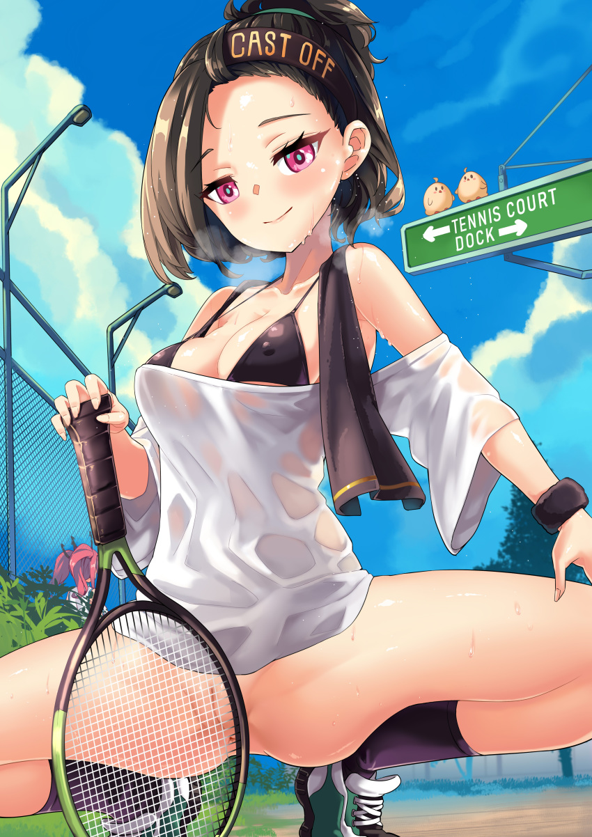 2girls absurdres anus azur_lane bangs bangs_pinned_back bare_shoulders bikini bird black_bikini black_hair black_legwear black_towel blue_sky blush breasts bremerton_(azur_lane) bremerton_(scorching-hot_training)_(azur_lane) cameo chain-link_fence chick cleavage clothes_writing cloud collarbone cooper_(azur_lane) cooper_(blazing_tennis_battle)_(azur_lane) covered_nipples day eyebrows_visible_through_hair fence hachimaki hand_on_own_thigh headband heavy_breathing highres hm_(hmongt) holding holding_racket lamppost looking_at_viewer manjuu_(azur_lane) medium_breasts multiple_girls no_pants off-shoulder_shirt off_shoulder outdoors pink_eyes pussy racket road_sign shirt shoes short_hair short_sleeves sign single_sidelock sky smile sneakers socks solo_focus sportswear spread_legs squatting sweat swimsuit tennis_court tied_hair tree wet wet_clothes wet_shirt white_shirt wristband