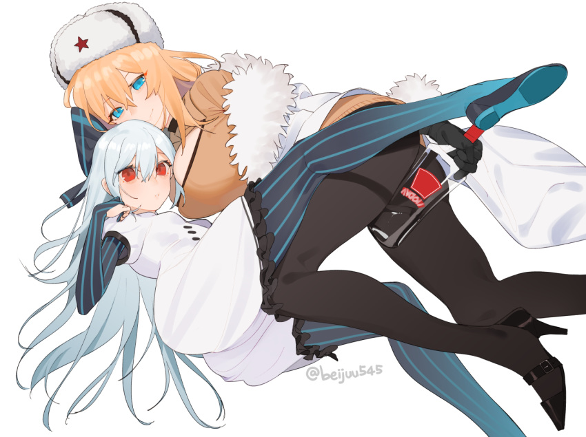 2girls beijuu blonde_hair blue_eyes bow breasts dress frilled_dress frills fur_hat girls_frontline gloves hair_bow hat high_heels large_breasts long_hair mosin-nagant_(girls_frontline) multiple_girls pantyhose partially_fingerless_gloves pinstripe_pattern puffy_short_sleeves puffy_sleeves red_eyes short_sleeves silver_hair small_breasts smile striped tokarev_(girls_frontline) ushanka very_long_hair