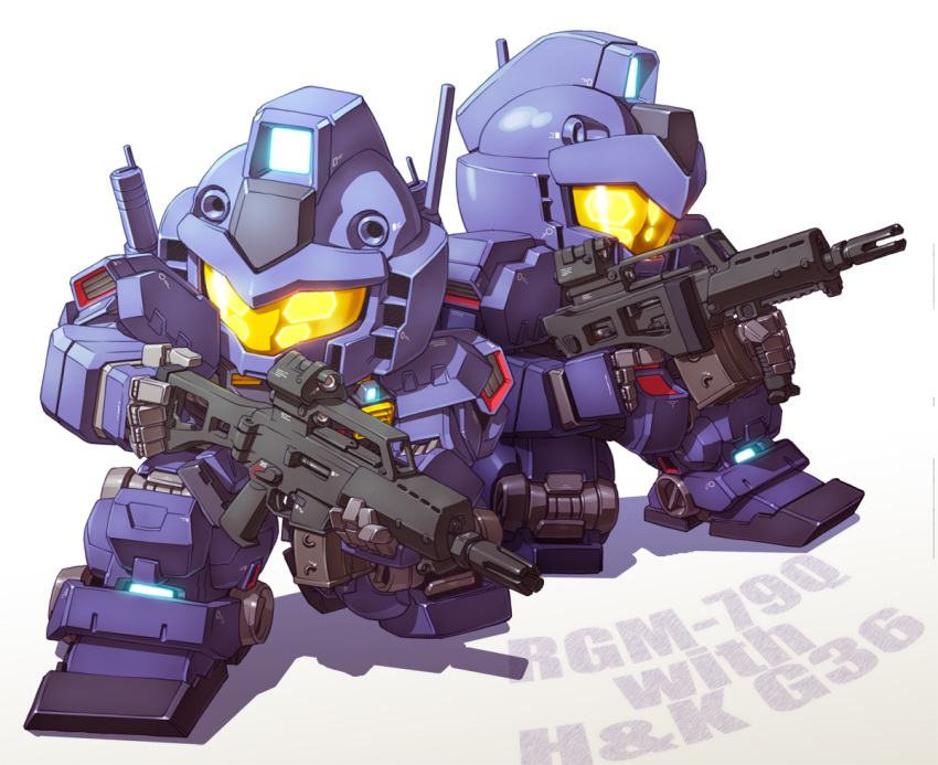 assault_rifle character_name chibi gm_quel gun gundam gundam_0083 h&amp;k_g36 holding holding_gun holding_weapon looking_to_the_side looking_up mecha no_humans radio_antenna rifle susagane visor weapon