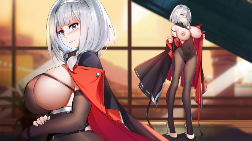 1girl black_cloak black_legwear black_sleeves blue_eyes breasts breasts_outside cloak covered_navel detached_sleeves eyebrows_visible_through_hair grey_hair hair_over_shoulder high_heels highres ice_dragon_(artist) large_breasts long_hair mole mole_under_eye multicolored_cloak nipple_piercing nipple_rings pantyhose piercing red_cloak standing tied_hair two-sided_cloak two-sided_fabric warship_girls_r white_footwear zara_(warship_girls_r)