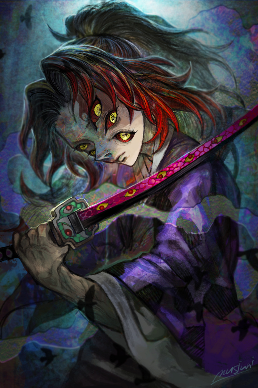 1boy closed_mouth extra_eyes high_ponytail highres holding holding_sword holding_weapon japanese_clothes kimetsu_no_yaiba kimono kokushibou long_hair long_sleeves male_focus matcho purple_kimono red_hair red_sclera signature solo sword very_long_hair weapon yellow_eyes