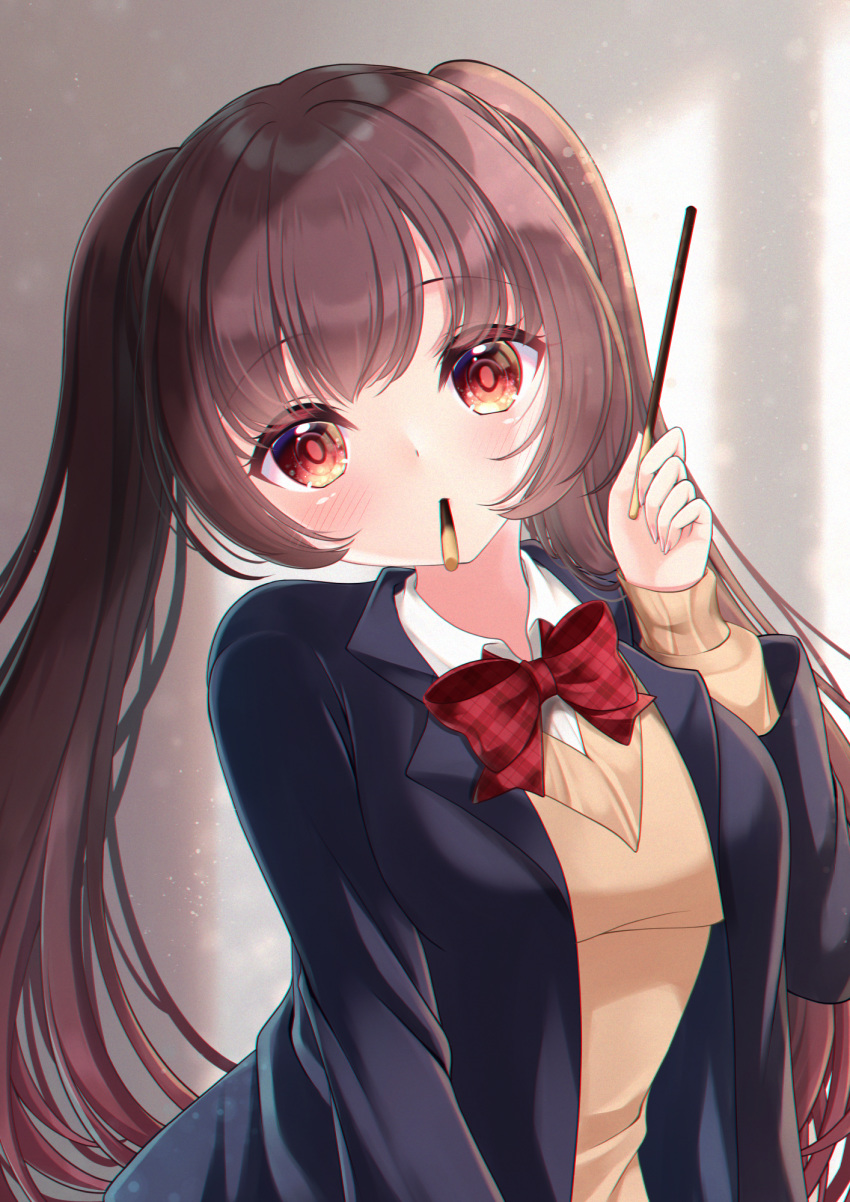 1girl bangs black_jacket blazer blush bow breasts brown_hair brown_sweater collared_shirt commentary_request dress_shirt eyebrows_visible_through_hair food food_in_mouth hand_up head_tilt highres holding holding_food jacket long_hair long_sleeves looking_at_viewer medium_breasts mirai_(happy-floral) mouth_hold open_blazer open_clothes open_jacket original plaid plaid_bow pocky pocky_day pocky_kiss red_bow red_eyes school_uniform shirt sidelocks sleeves_past_wrists solo sweater twintails upper_body very_long_hair white_shirt