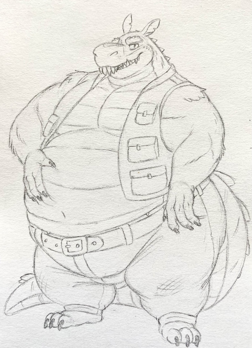 2020 activision anthro belly belly_grab belt big_belly big_tail black_and_white bottomwear canid canine canis claws clothed clothing crash_bandicoot_(series) crocodile crocodilian crocodylid dingo dingodile eon54 fangs hand_on_stomach hi_res hybrid looking_at_viewer male mammal monochrome muscular navel obese open_clothing open_topwear open_vest overweight overweight_male pants reptile scalie sketch smile solo standing thick_thighs tight_clothing topwear vest video_games wide_hips
