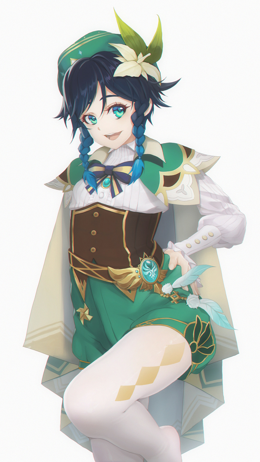 1boy bard black_hair blue_eyes blue_hair braid cape feathers flower gem genshin_impact gradient_hair green_headwear hair_flower hair_ornament hat highres jewelry k19 leaf long_sleeves looking_at_viewer male_focus multicolored_hair open_mouth otoko_no_ko pantyhose ribbon shorts simple_background smile solo thighhighs twin_braids venti_(genshin_impact) vision_(genshin_impact) white_background white_legwear