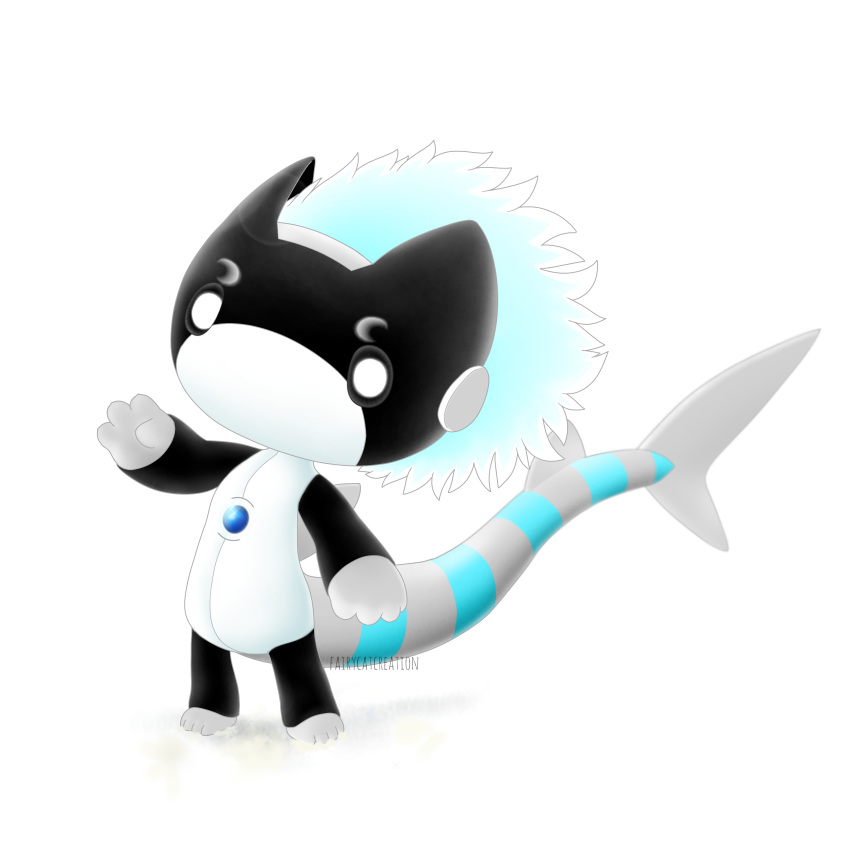 absurd_res ambiguous_gender android anthro black_body ding_(fcc) fairycatcreation fish gem gesture hair hi_res long_tail machine male marine mask merfolk mermadroid pearl_(gem) robot shark shark_tail simple_background solo stripes waving white_background white_bodysuit white_eyes