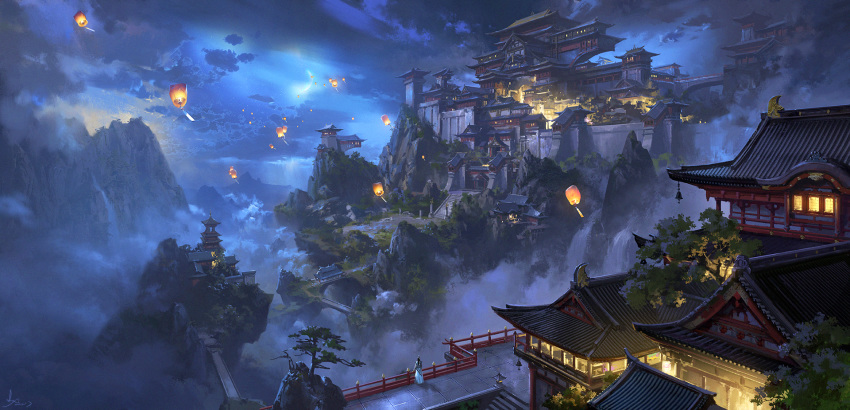 building clouds ling_xiang night original scenic signed tree