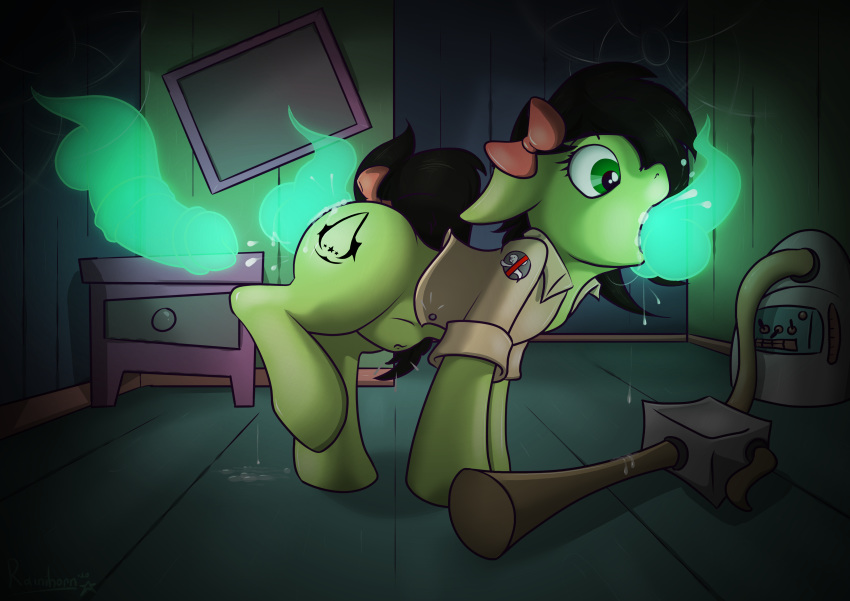 absurd_res accessory anal anal_penetration black_hair bodily_fluids clothed clothing cum cum_in_ass cum_in_mouth cum_inside cutie_mark earth_pony emerald_blade_(oc) equid equine fan_character fellatio female friendship_is_magic genital_fluids genitals ghost_sex green_body green_eyes green_skin hair hair_accessory hasbro hi_res horse mammal my_little_pony oral penetration penile penis pony rainihorn ribbons sex solo translucent translucent_penis