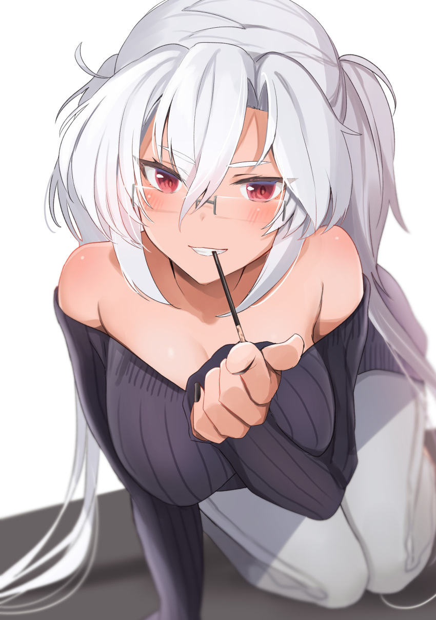 1girl absurdres bare_shoulders black_nails black_sweater blush breasts cleavage collarbone dark_skin dark_skinned_female food food_in_mouth glasses grin hair_between_eyes highres kantai_collection large_breasts long_hair looking_at_viewer musashi_(kantai_collection) off_shoulder pants pocky red_eyes ribbed_sweater rimless_eyewear silver_hair sleeves_past_wrists smile solo sweater twintails white_pants yunamaro