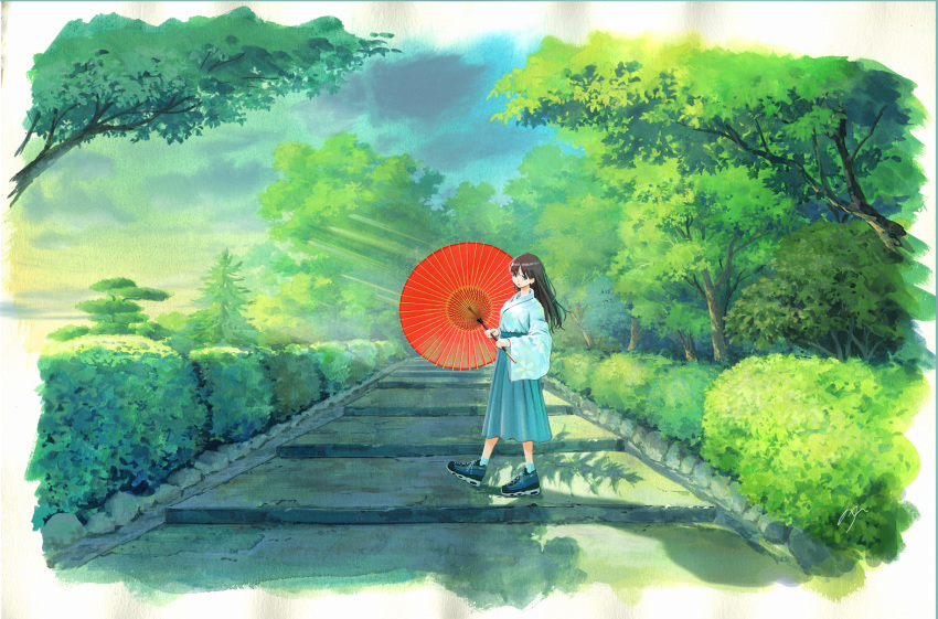 1girl black_footwear blue_eyes border brown_hair bush closed_mouth cloud cloudy_sky day from_side green_hakama green_sky hakama highres holding holding_umbrella japanese_clothes long_hair long_sleeves looking_at_viewer oriental_umbrella original outdoors red_umbrella sawitou_mizuki scenery shoes sky smile solo standing tree umbrella white_border