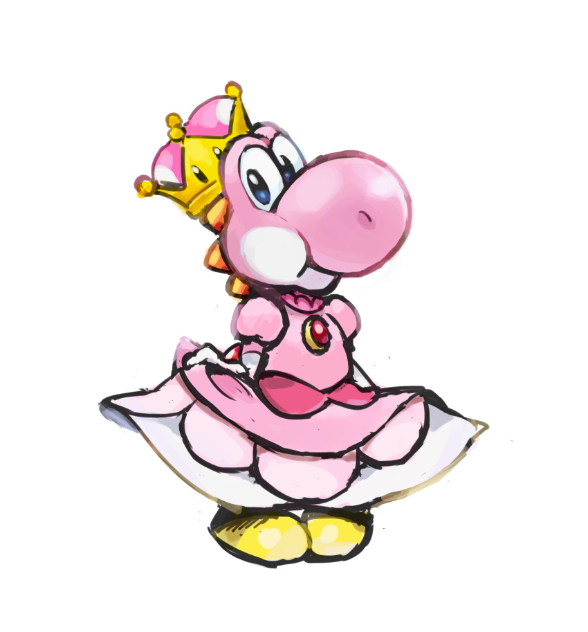 1other blue_eyes brooch closed_mouth collared_dress commentary_request crown dress elbow_gloves full_body gloves highres jewelry lizard_tail long_dress looking_at_viewer mario_(series) new_super_mario_bros._u_deluxe nontan_(nontan_) nostrils pigeon-toed pink_dress puffy_short_sleeves puffy_sleeves shoes short_sleeves simple_background skirt_hold smile standing super_crown tail white_background white_gloves yellow_footwear yoshi