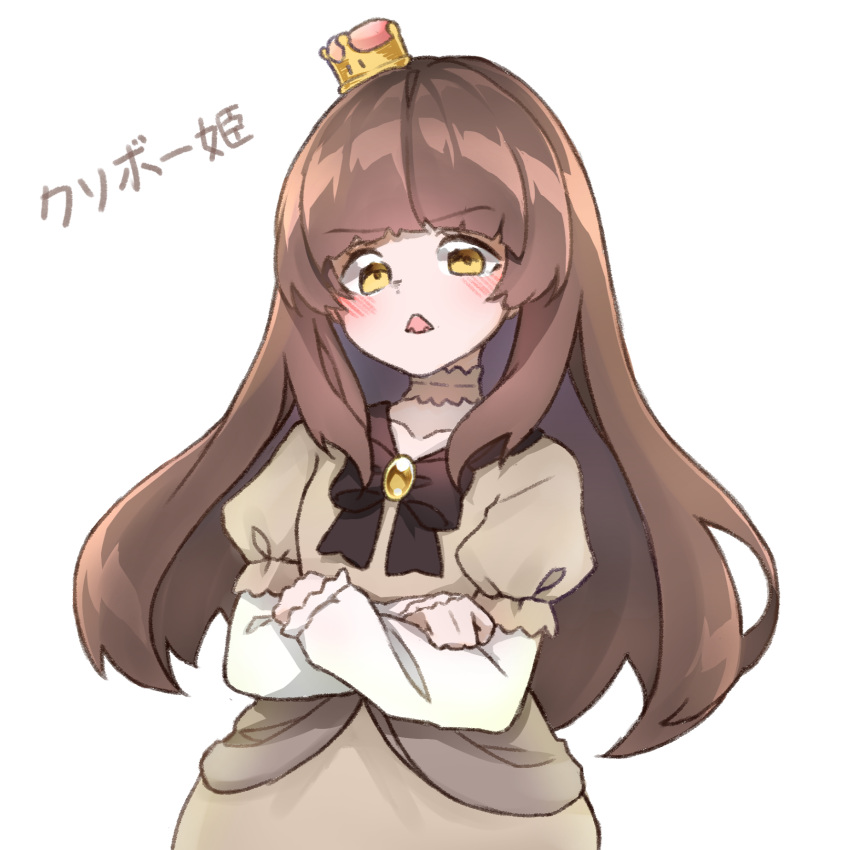 1girl bangs blush bow brooch brown_bow brown_dress brown_hair character_name collarbone commentary crossed_arms crown dress eyebrows_visible_through_hair fangs frilled_sleeves frills gem highres jewelry long_hair long_sleeves looking_at_viewer mario_(series) mini_crown murasaki_arashi neck_garter new_super_mario_bros._u_deluxe open_mouth princess_goomba puffy_short_sleeves puffy_sleeves shiny shiny_hair short_over_long_sleeves short_sleeves simple_background skin_fangs sleeves_past_wrists solo super_crown v-shaped_eyebrows white_background yellow_eyes