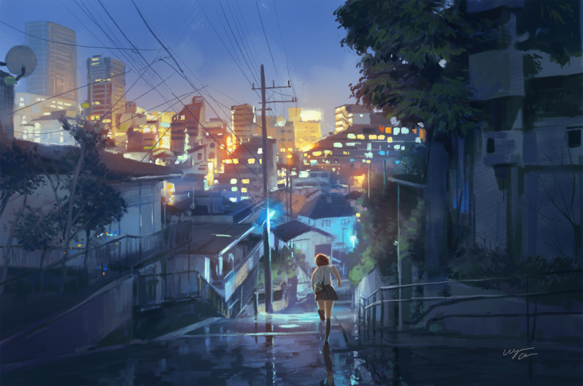 1girl city facing_away from_behind highres night original overhead_line pleated_skirt running shirt short_hair skirt solo tokyo_(city) wayne_chan white_shirt