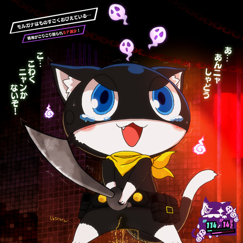 1:1 anthro atlus belt black_body black_fur blush bodily_fluids button_(fastener) cute_fangs dipstick_tail domestic_cat ear_tuft embarrassed felid feline felis fur genital_fluids genitals gloves_(marking) hi_res hibino_shizuku holding_object holding_weapon japanese_text leg_markings male mammal markings megami_tensei megami_tensei_persona melee_weapon morgana_(persona) multicolored_body multicolored_fur multicolored_tail open_mouth peeing penis scared scarf socks_(marking) solo solo_focus spread_legs spreading sweat sweatdrop sword tears text translation_request tuft urine urine_drip utility_belt video_games watersports weapon wet wet_body wet_fur wetting white_body white_fur