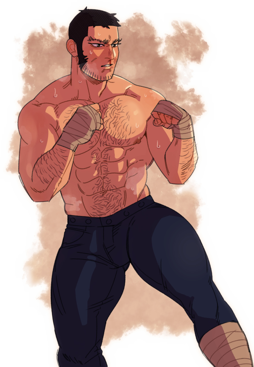 1boy abs bandages bara black_eyes black_hair blue_pants chest facial_hair foazycozy golden_kamuy highres male_focus manly muscle navel_hair nipples pants shirtless short_hair sideburns stubble tanigaki_genjirou thick_eyebrows thick_thighs thighs