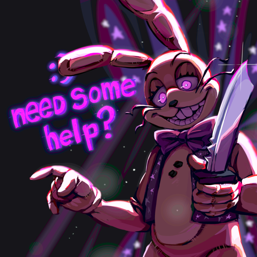 ambiguous_gender anthro bow_tie button_(fastener) clothing costume dialogue five_nights_at_freddy's fursuit glitchtrap hi_res holding_knife holding_object holding_weapon knife lagomorph leporid looking_down mammal open_mouth pink_eyes rabbit skylordlysander smile solo stitch_(disambiguation) talking_to_viewer text video_games weapon whiskers yellow_body