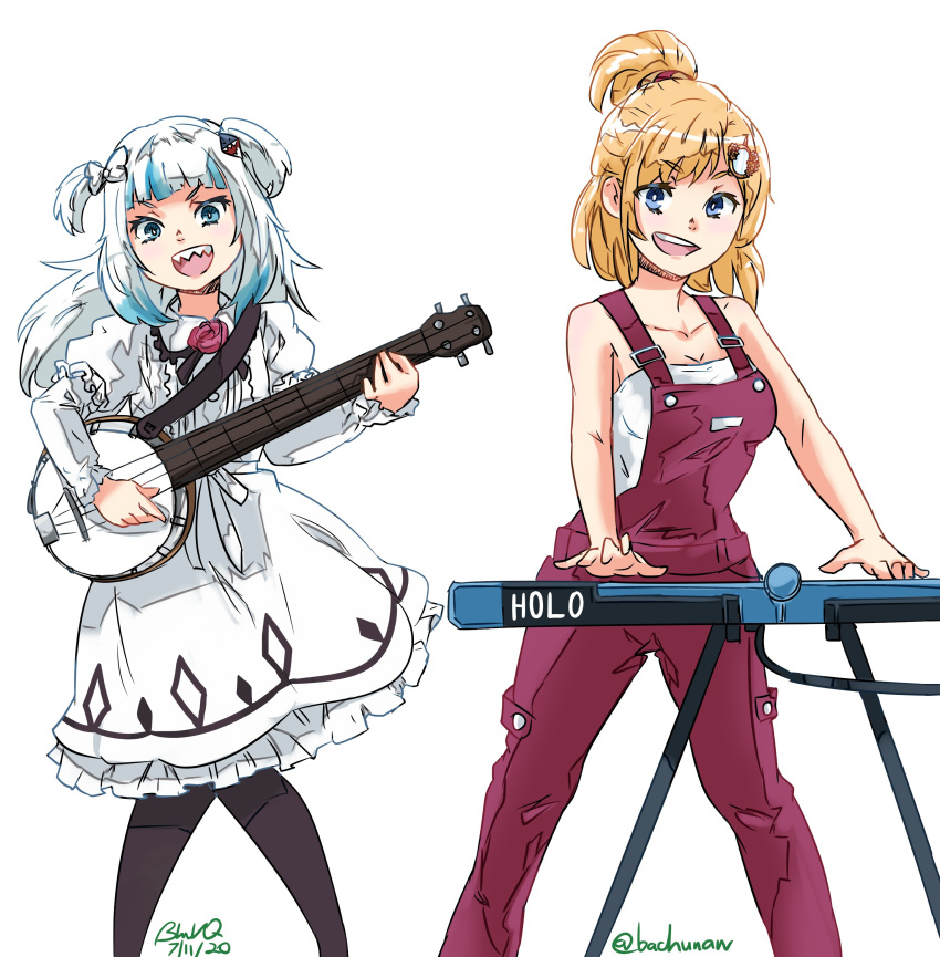 2girls absurdres bachunawa banjo blonde_hair blue_eyes breasts carole_&amp;_tuesday carole_stanley carole_stanley_(cosplay) cleavage cosplay crossover english_commentary gawr_gura highres hololive hololive_english instrument keyboard_(instrument) multiple_girls music open_mouth overalls playing_instrument sharp_teeth teeth tied_hair tuesday_simmons tuesday_simmons_(cosplay) two_side_up virtual_youtuber watson_amelia white_background white_hair