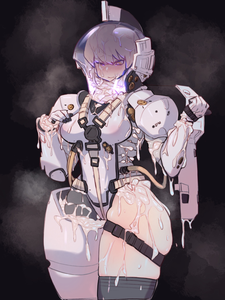 1girl absurdres armor backpack bag blonde_hair breasts bukkake cum cum_on_body cum_on_breasts cum_on_clothes cum_on_hair cumdrip elbow_gloves facial genderswap genderswap_(mtf) gloves highres hitobashira_(1746164306) kojima_productions looking_at_viewer ludens mascot medium_breasts shiny shiny_hair shiny_skin short_hair skindentation solo standing thigh_strap thighs yellow_eyes