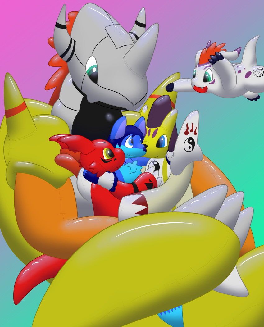 absurd_res ambiguous_gender anthro balloon-quilava blue_body canid canine cuddling digimon digimon_(species) fox glistening glistening_body gomamon gradient_background group guilmon hexatoy hi_res hug inflatable_toy jumping looking_at_another mammal nozzle printed_eyes red_body simple_background size_difference taomon wargreymon white_body yellow_body