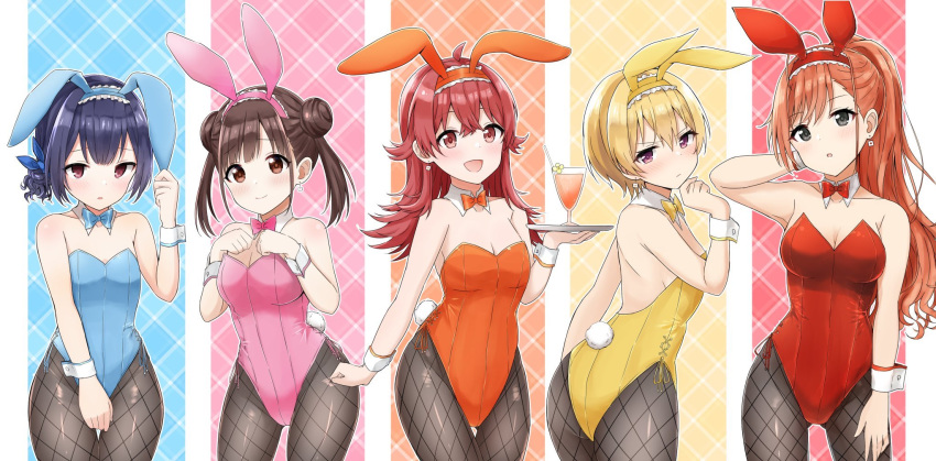 5girls :d animal_ears arisugawa_natsuha ass bad_id bad_twitter_id balloom_17 bangs black_eyes black_legwear blonde_hair blue_hair blue_leotard blue_neckwear blush bow bowtie breasts brown_hair bunny_ears bunny_tail cleavage closed_mouth collar detached_collar double_bun earrings fake_animal_ears fake_tail frown fukumaru_koito glass hand_in_hair highres holding holding_tray idolmaster idolmaster_shiny_colors jewelry leotard lineup long_hair looking_at_viewer looking_back medium_breasts medium_hair morino_rinze multiple_girls open_mouth orange_leotard orange_neckwear pantyhose parted_lips pink_leotard pink_neckwear playboy_bunny print_legwear purple_eyes red_eyes red_hair red_leotard red_neckwear saijou_juri short_hair side-tie_leotard small_breasts smile sonoda_chiyoko standing strapless strapless_leotard tail thigh_gap thighs tray twintails white_collar wing_collar wrist_cuffs yellow_leotard yellow_neckwear
