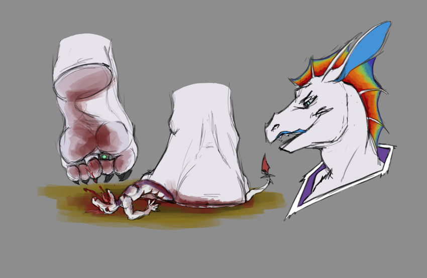 ahastar ahastar_(artist) ambiguous_gender anthro blood bodily_fluids crush death dinosaur dirt dirty_feet dragon dromaeosaurid duo gore hi_res macro micro reptile scalie shira_frozenmoon soles stomping theropod trampling