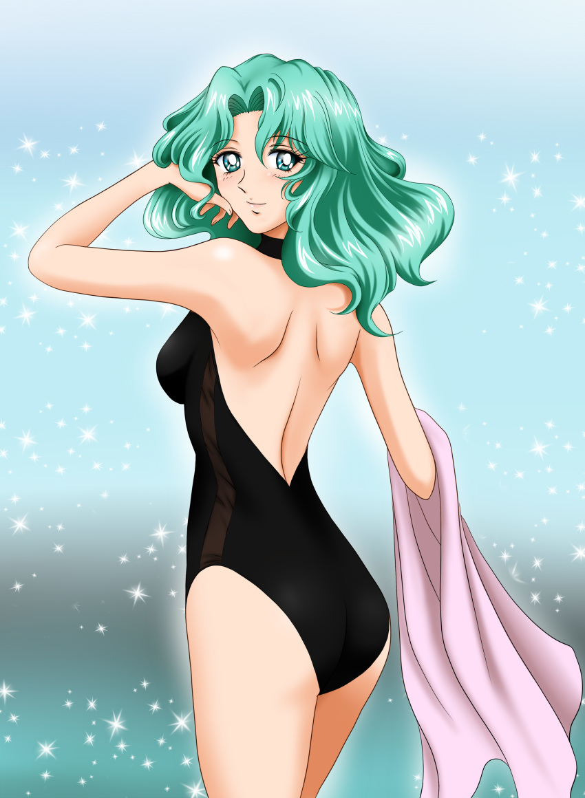 1girl absurdres aqua_background aqua_eyes aqua_hair ass back bishoujo_senshi_sailor_moon black_swimsuit breasts casual_one-piece_swimsuit eyebrows_visible_through_hair gradient gradient_background highres kaiou_michiru long_hair looking_at_viewer looking_back medium_breasts nib_pen_(medium) one-piece_swimsuit pink_towel smile solo soukichi sparkle_background standing swimsuit towel traditional_media