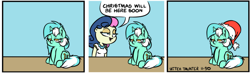 2018 bonbon_(mlp) christmas comic crossover cutie_mark duo english_text equine feral friendship_is_magic garfield_(series) hair holidays horn human lyra_heartstrings_(mlp) mammal multicolored_hair my_little_pony text two_tone_hair unamused unicorn witchtaunter