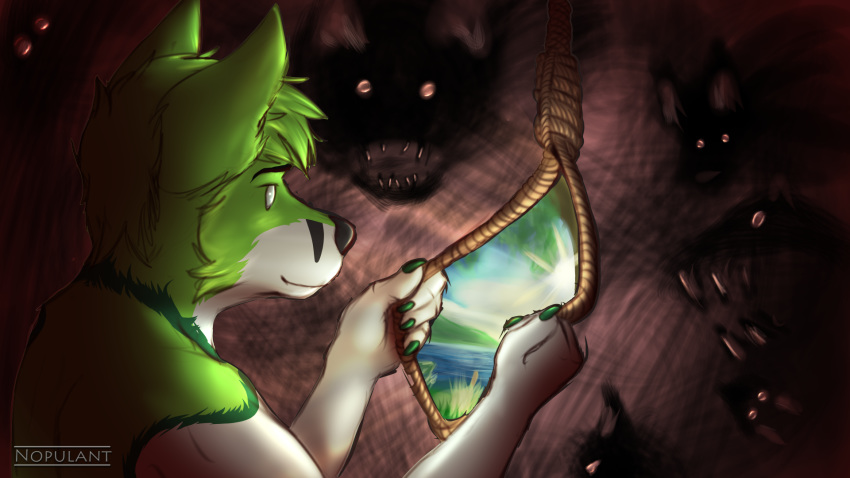 anthro balls black_nose canid canine digital_media_(artwork) ending fidget_the_fox fox fur genitals green_body green_eyes green_fur hair happy hi_res lake light male mammal monster noose nopulant rope scared scary shadow signature simple_background smile solo suicide sun sunlight teeth thoughts water white_body white_fur