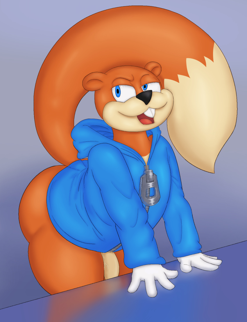 anthro big_butt black_nose blue_eyes bottomless butt clothed clothing conker conker's_bad_fur_day digital_media_(artwork) fur genitals hi_res hoodie kiffy_(artist) male mammal orange_body orange_fur penis raised_tail rareware reflection rodent sciurid simple_background smile solo solo_focus topwear tree_squirrel video_games