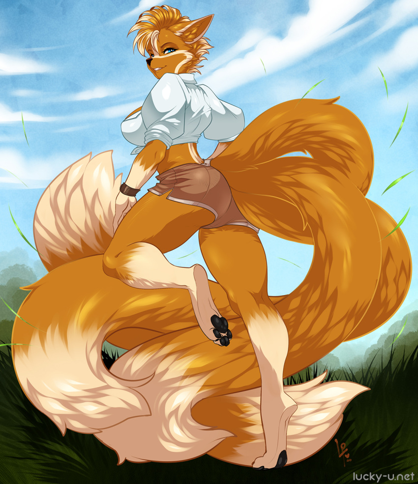 anthro black_nose blue_eyes breasts canid canine dipstick_tail dreamspinner female fox fur gloves_(marking) gluneria_fullin grass hair hi_res leg_markings looking_back luckypan mammal markings multi_tail multicolored_tail orange_body orange_fur outside socks_(marking) solo