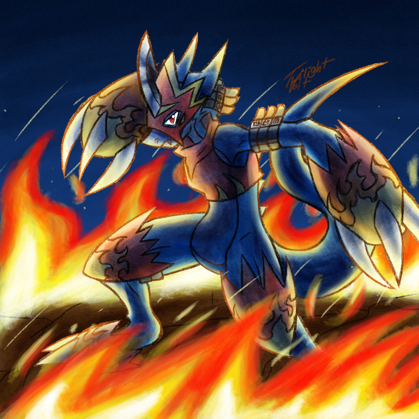 2020 anthro armor blue_body claws digimon digimon_(species) fangs fire flamedramon hi_res horn looking_at_viewer male markings night red_eyes reptile scalie sharp_teeth solo spikes standing teeth twilightvolt white_body