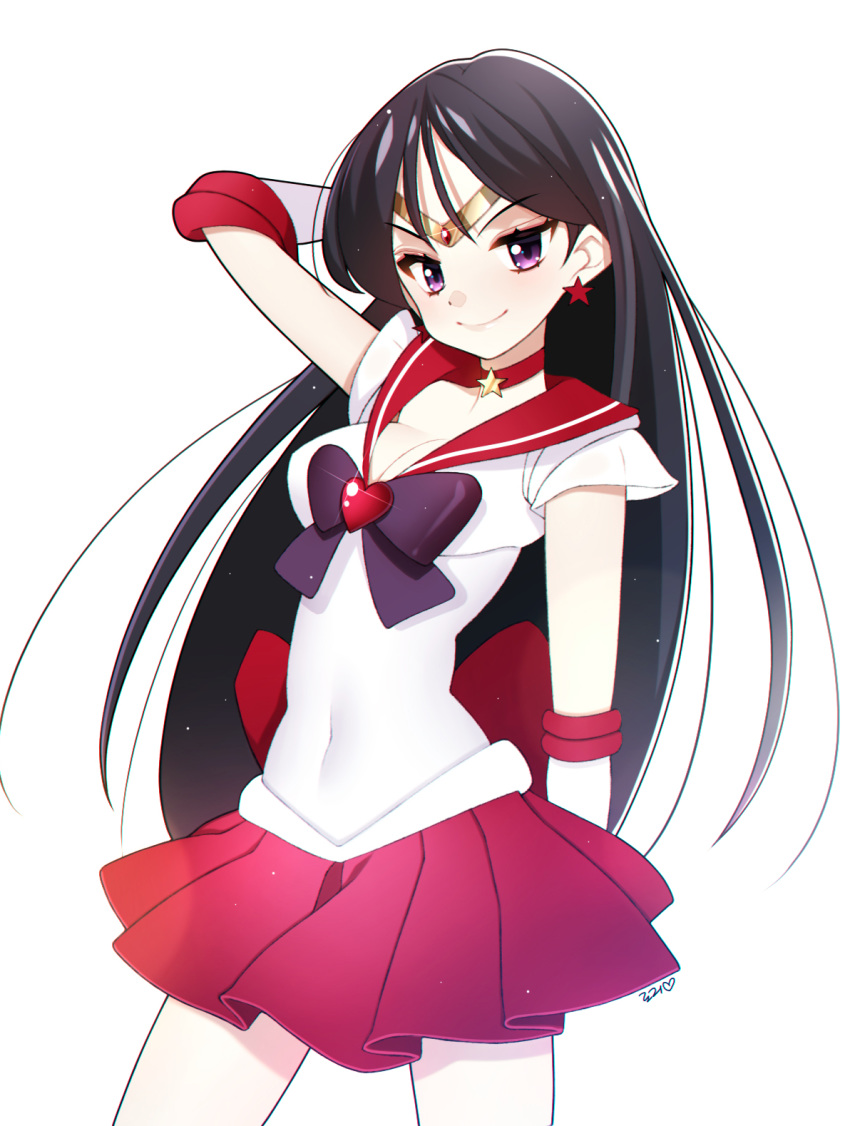 1girl arm_up back_bow bishoujo_senshi_sailor_moon black_bow black_hair bow choker circlet covered_navel earrings elbow_gloves gloves heart highres hino_rei jewelry loggi long_hair looking_at_viewer magical_girl purple_eyes red_bow red_sailor_collar red_skirt sailor_collar sailor_mars sailor_senshi sailor_senshi_uniform simple_background skirt smile solo standing tiara very_long_hair white_background white_gloves